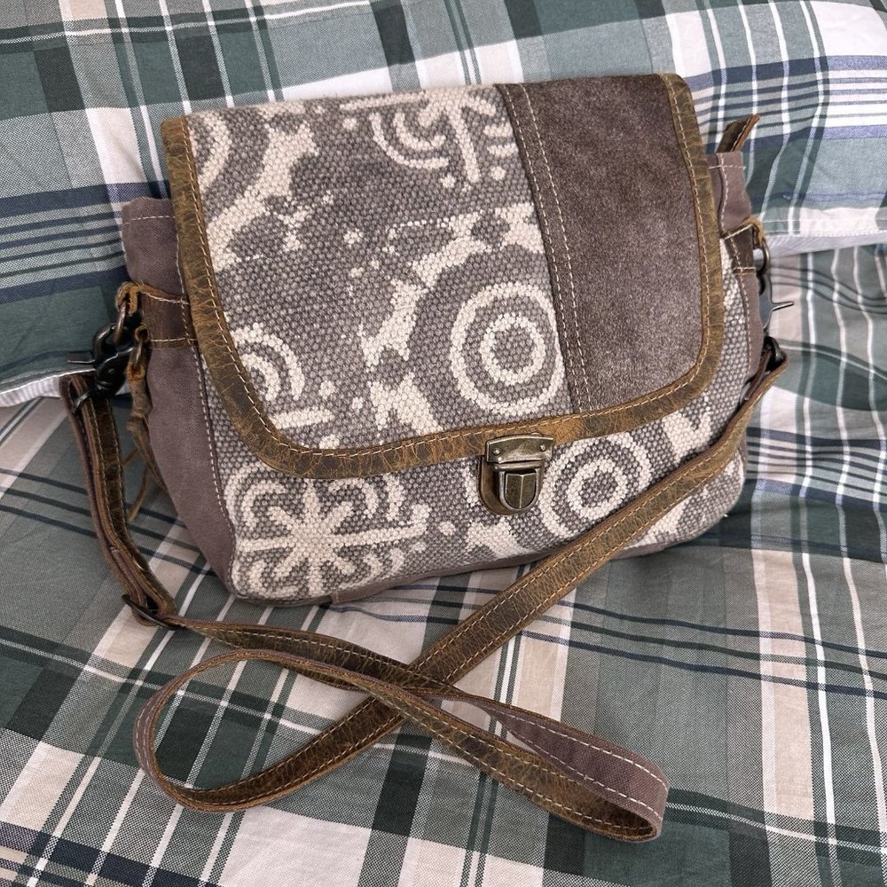 MYRA CANVAS FLORAL FUR COWHIDE BROWN CROSSBODY SHOULDER BAG SOUTHWESTERN